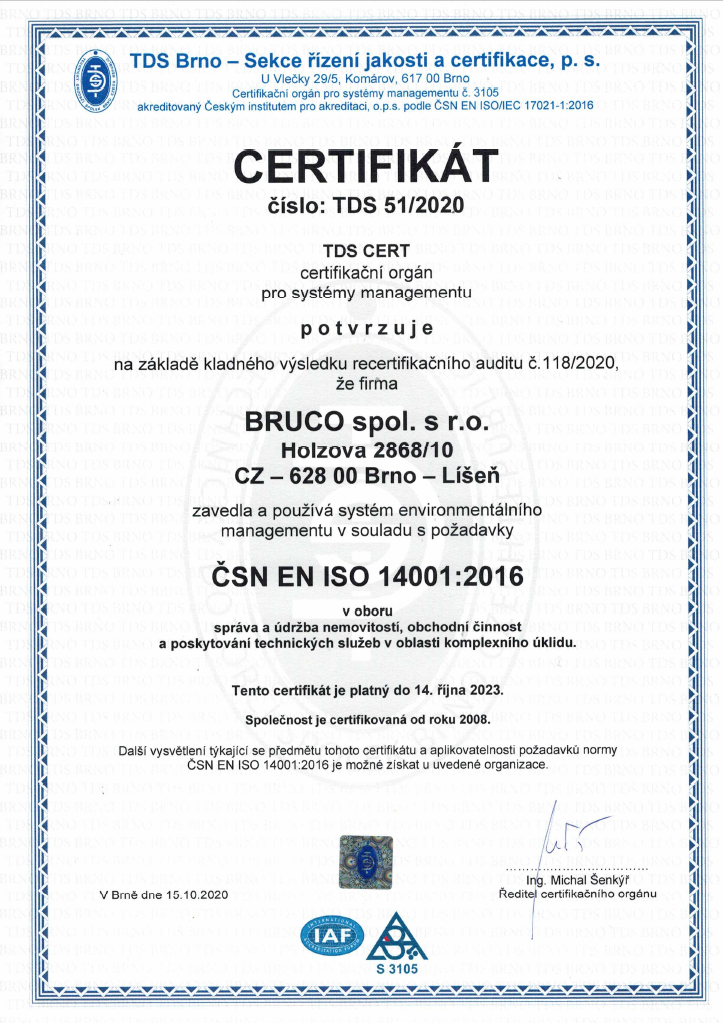 BRUCO - úklidové služby - certifikát ISO 14001